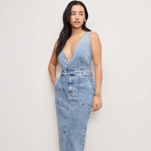 Good American blue denim Fit for Success V Neck Maxi Dress $189 size L